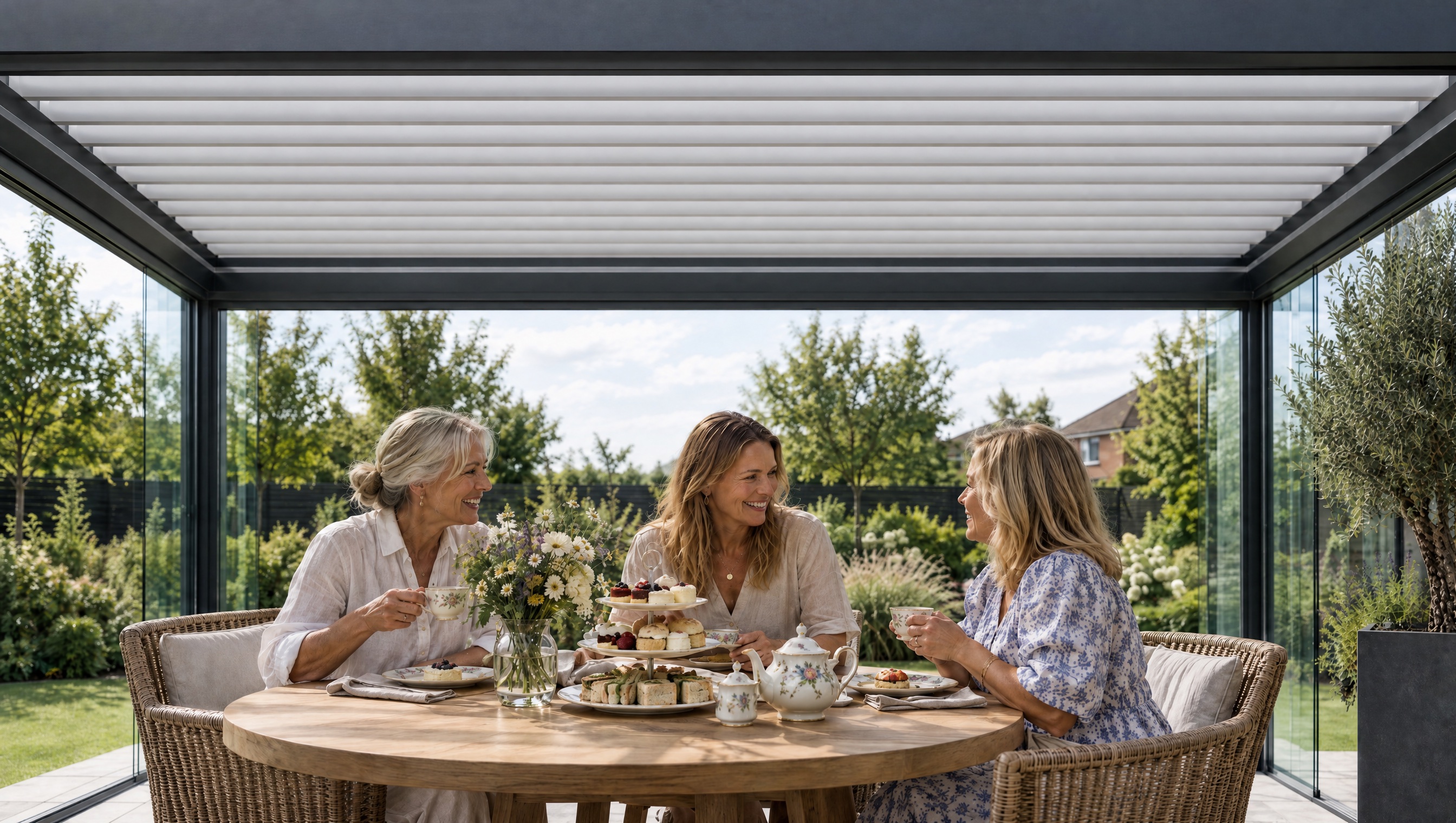 Three women friends having afternoon tea in a glass room with its doors open