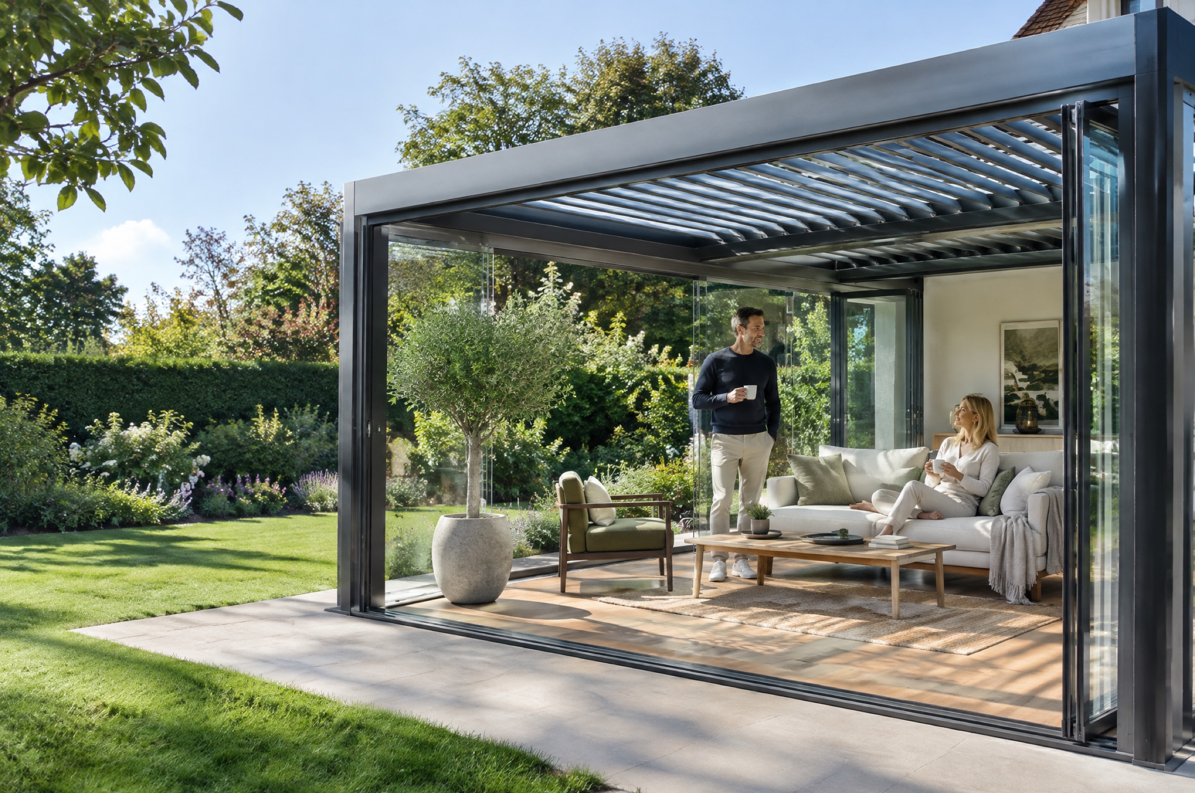 Glass room with its doors open in daylight