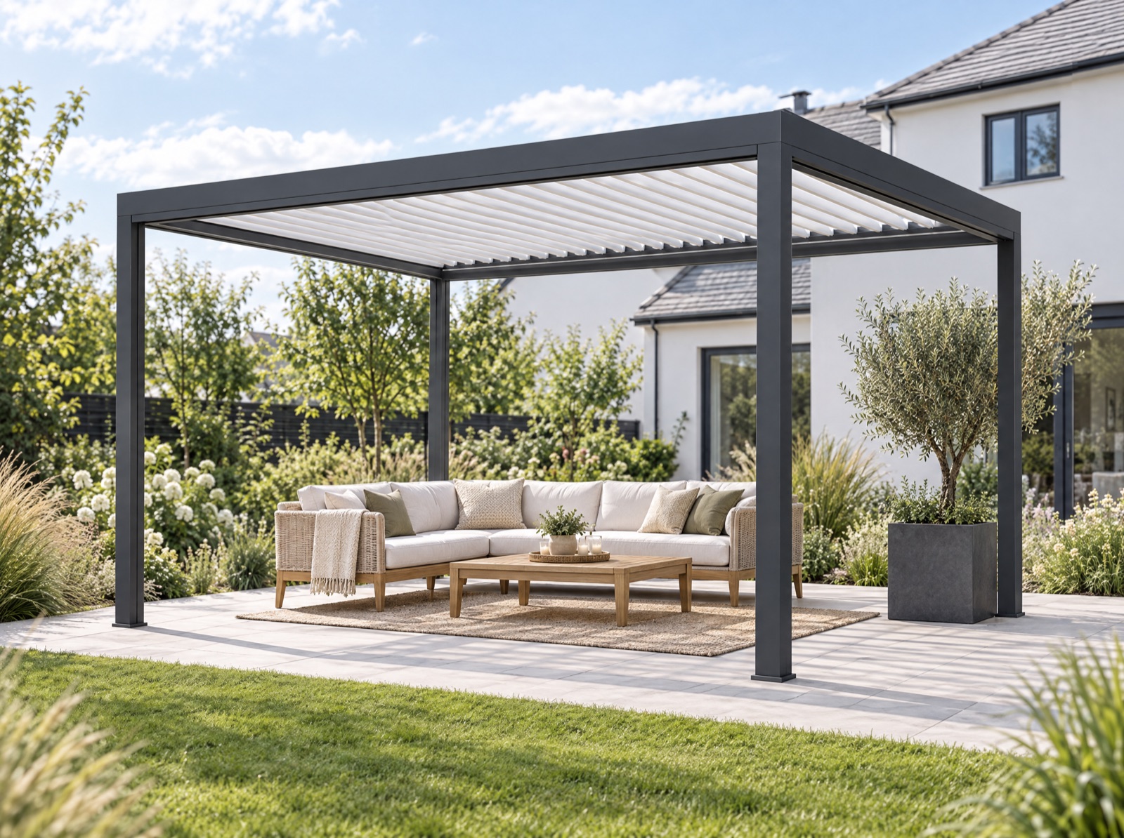 Open pergola with a louvred roof on a garden patio